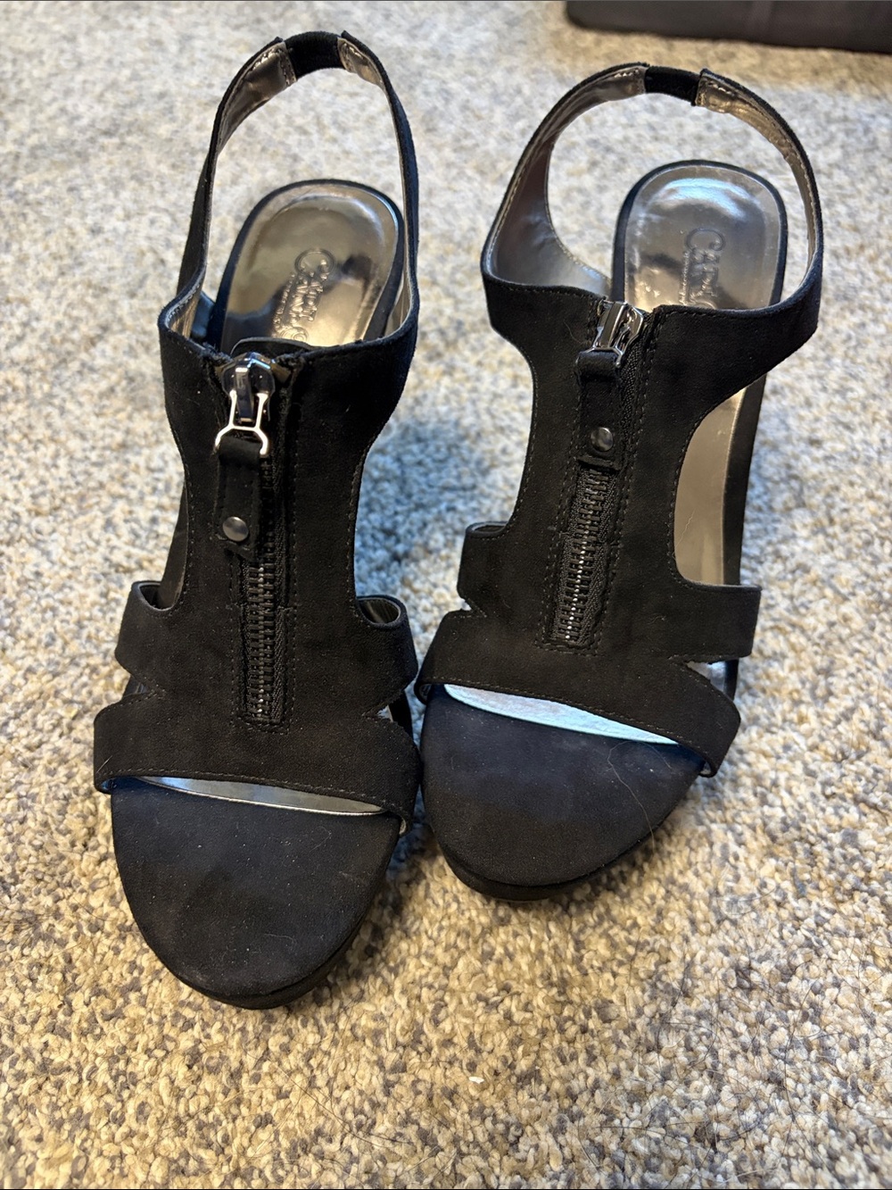 Carlos by Carlos Santana Black Suede T-Strap Zip Slingback Heels